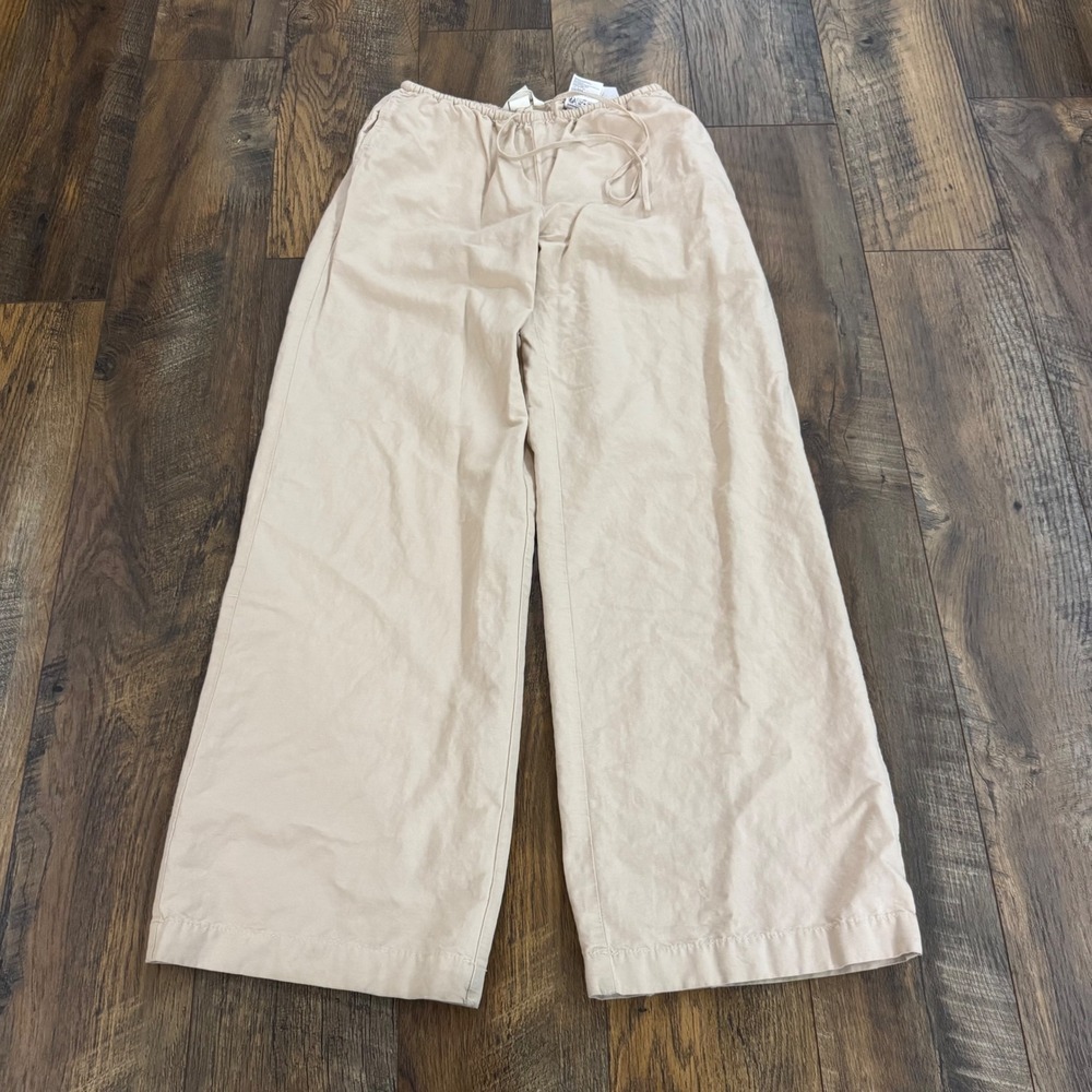 HM Linen Blend Wide Leg Pant Beige Tan Drawstring Elastic Waist XS Beach Cottage